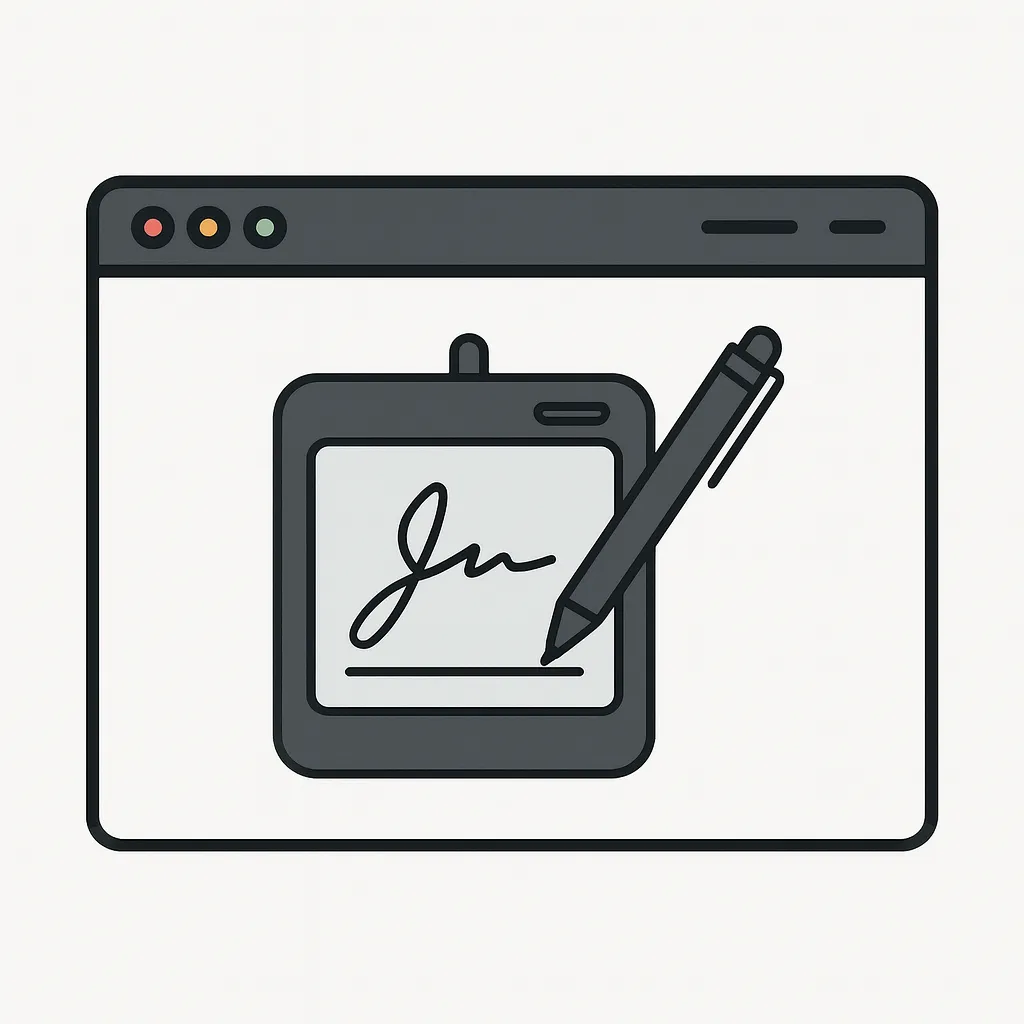Illustration of a signature pad capturing a handwritten signature for a document on a computer screen