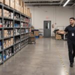 Stockroom worker scanning shelved inventory with a handheld RFID reader