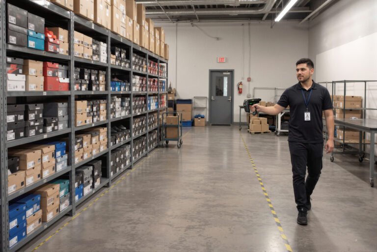 Stockroom worker scanning shelved inventory with a handheld RFID reader