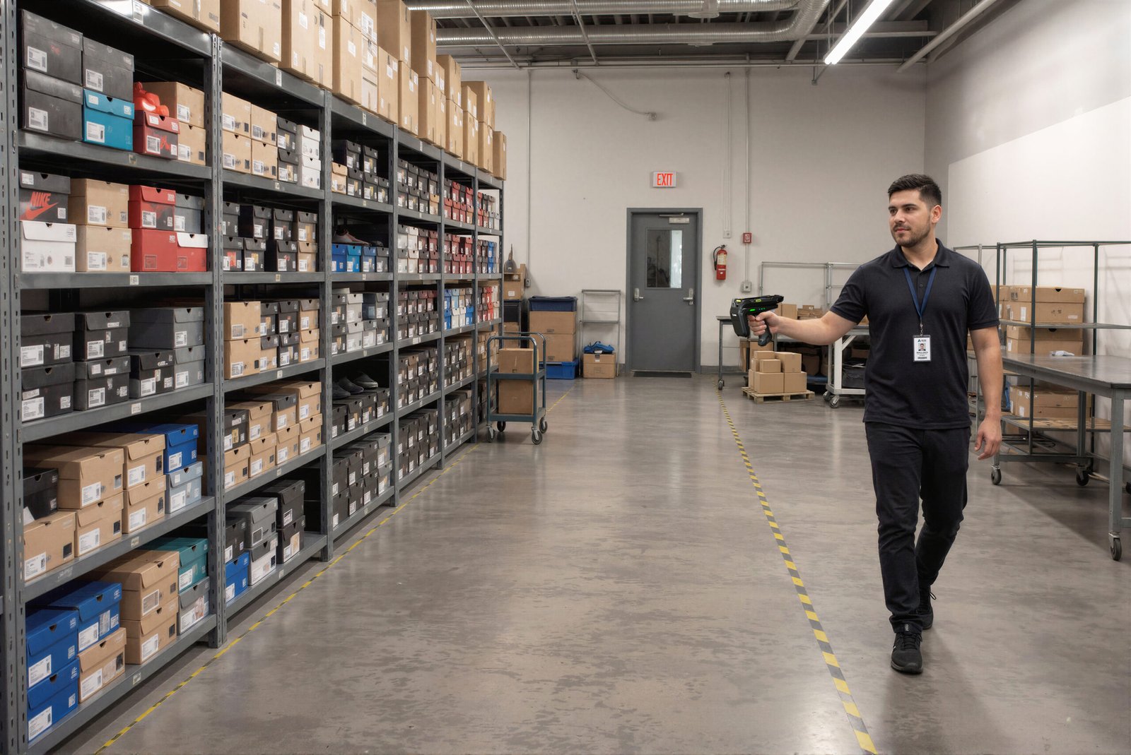 Warehouse staff member walking an aisle with a handheld RFID reader during a stockcount