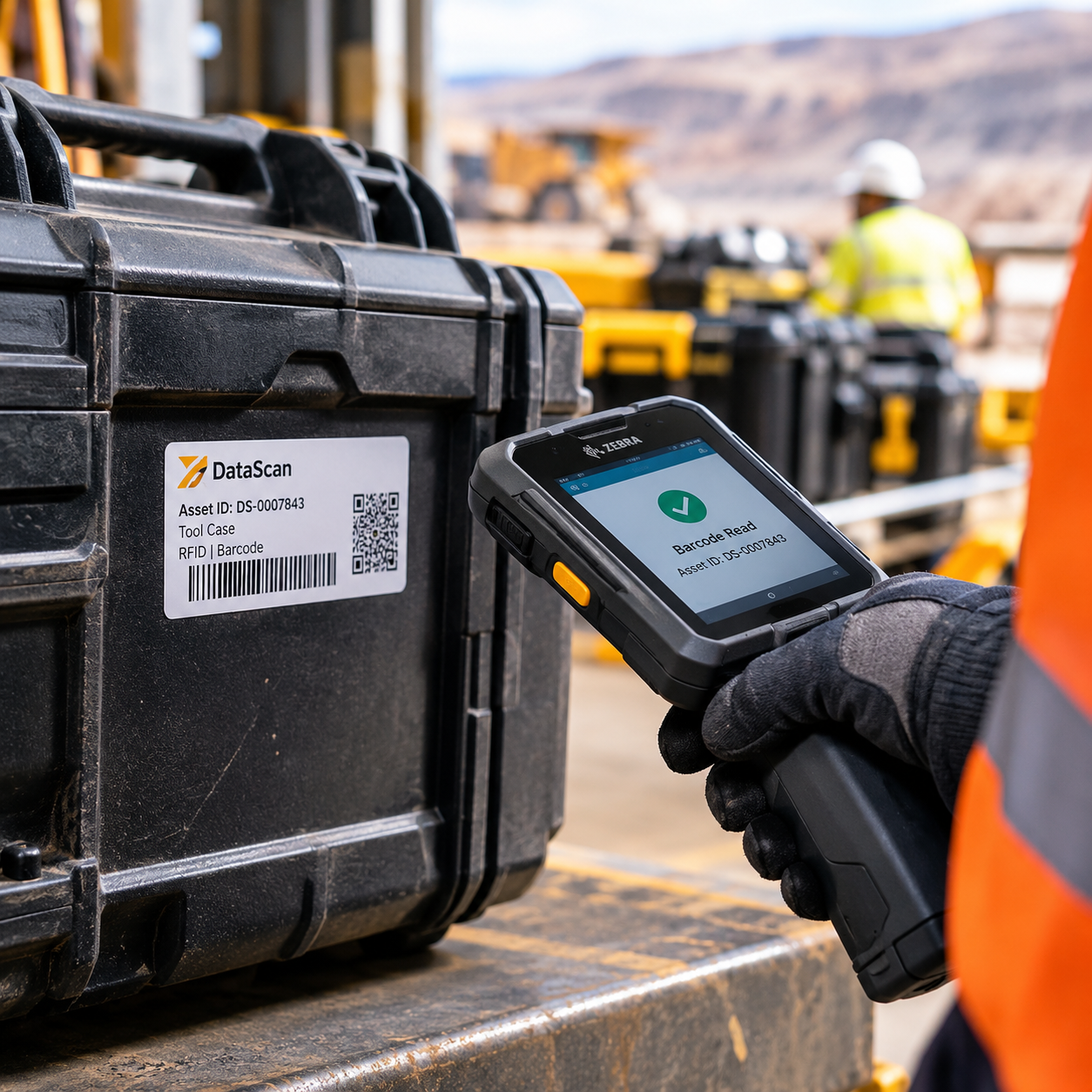 Scanning a barcode label on returned hire equipment