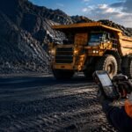 Mine worker using a rugged handheld scanner beside a haul truck at an open-pit mine