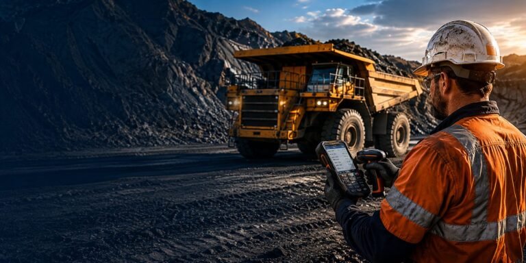 Mine worker using a rugged handheld scanner beside a haul truck at an open-pit mine